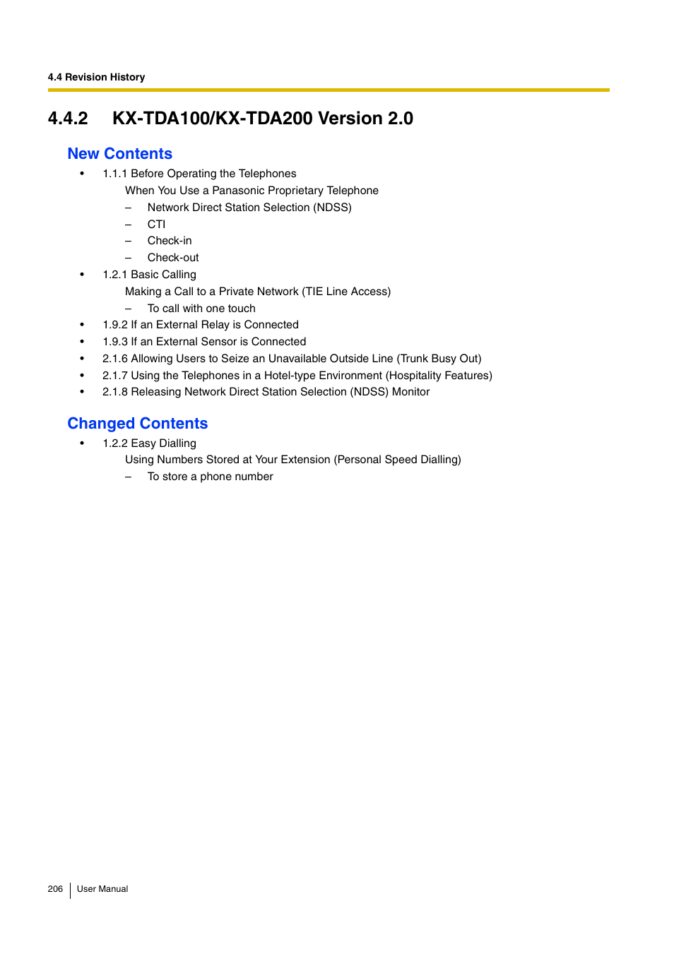 2 kx-tda100/kx-tda200 version 2.0, New contents, Changed contents | Panasonic KX-TDA30 User Manual | Page 206 / 214