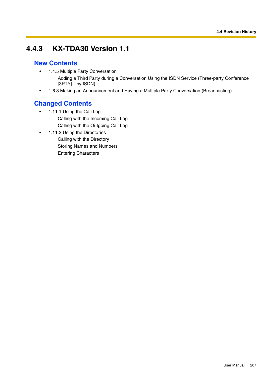 3 kx-tda30 version 1.1, New contents, Changed contents | Panasonic KX-TDA30 User Manual | Page 207 / 214