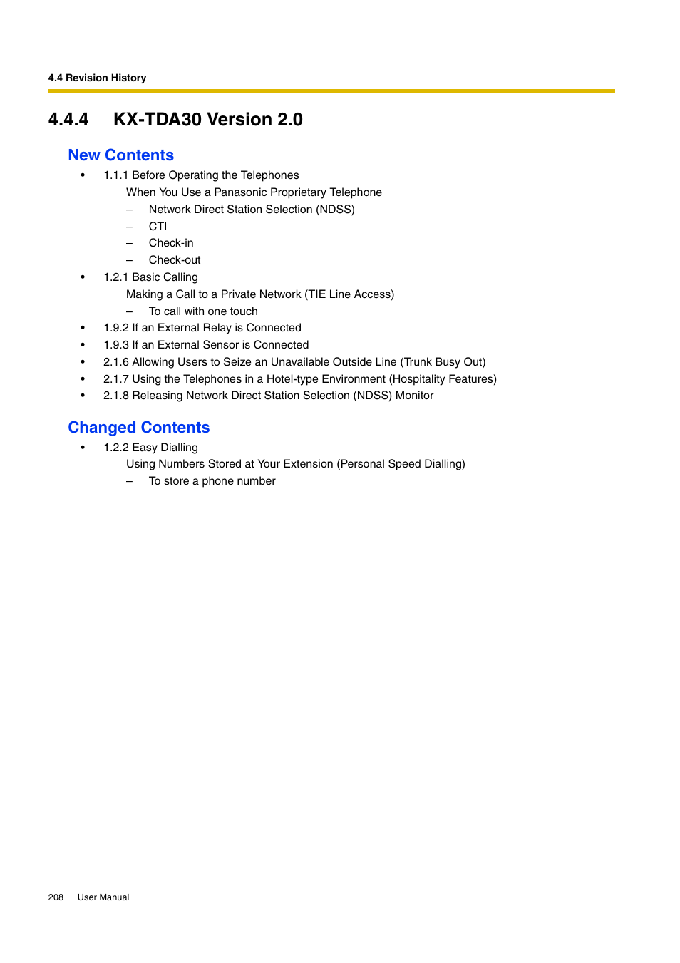 4 kx-tda30 version 2.0, New contents, Changed contents | Panasonic KX-TDA30 User Manual | Page 208 / 214