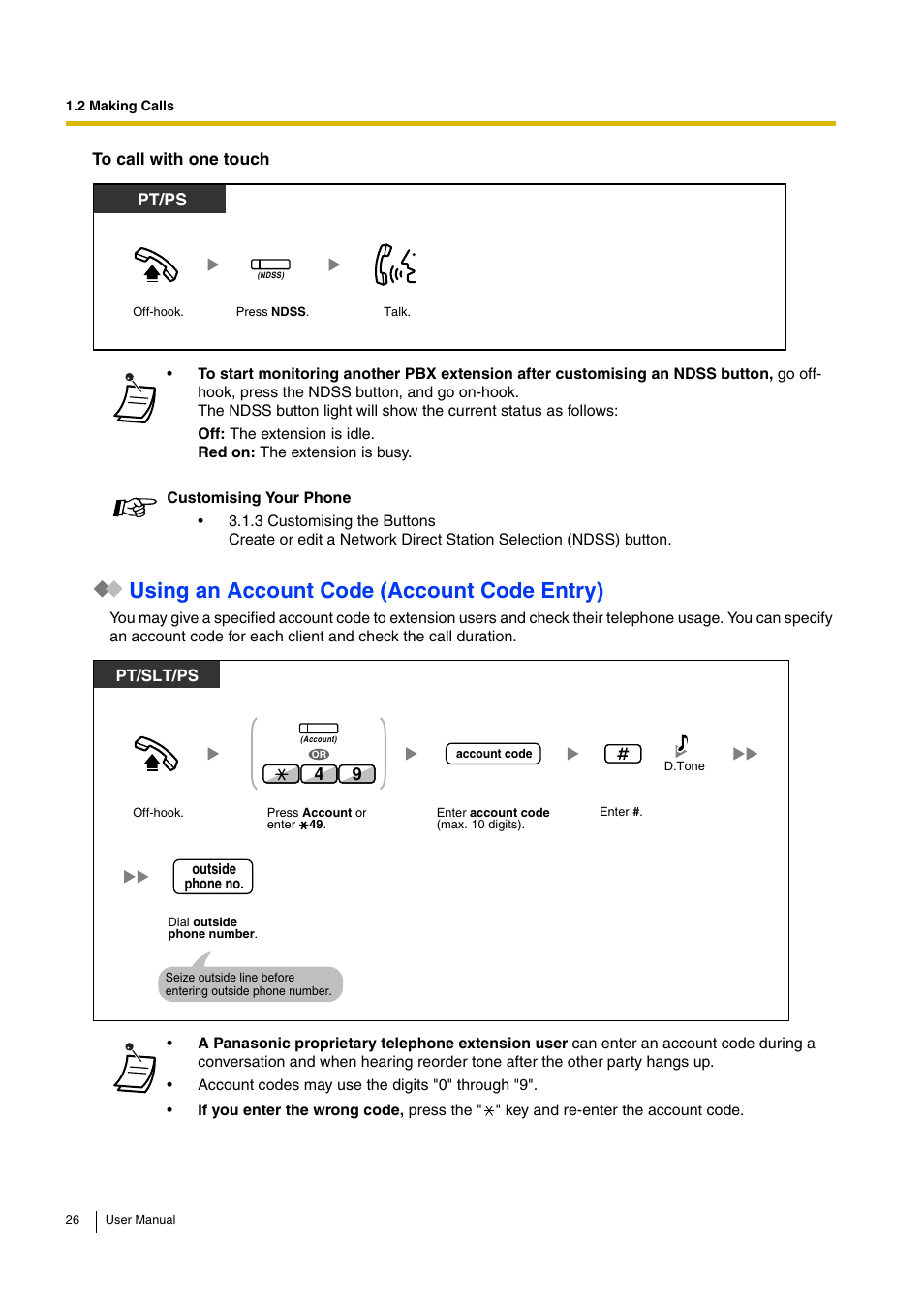 Using an account code (account code entry), Pt and slt pt/ps | Panasonic KX-TDA30 User Manual | Page 26 / 214