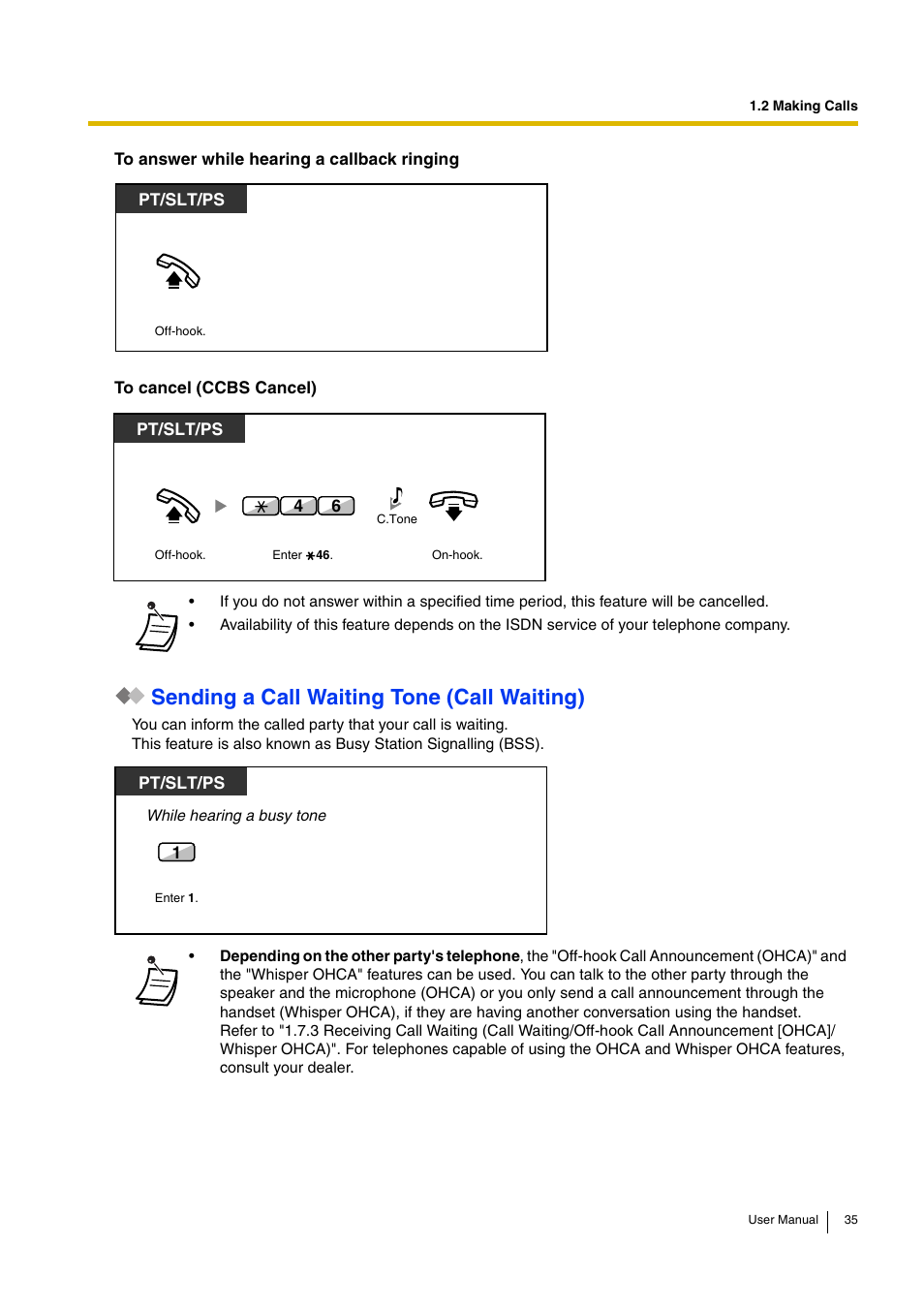 Sending a call waiting tone (call waiting) | Panasonic KX-TDA30 User Manual | Page 35 / 214