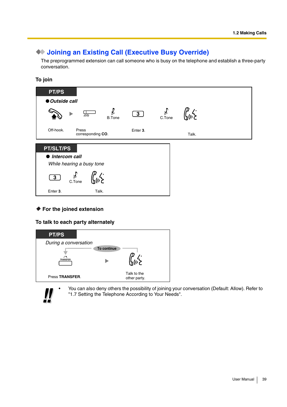 Joining an existing call (executive busy override), Pt/ps | Panasonic KX-TDA30 User Manual | Page 39 / 214