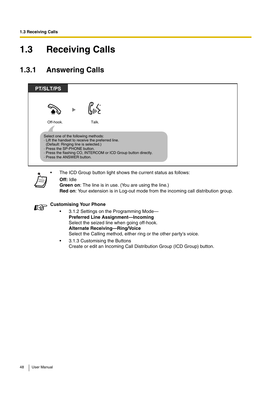 3 receiving calls, 1 answering calls | Panasonic KX-TDA30 User Manual | Page 48 / 214