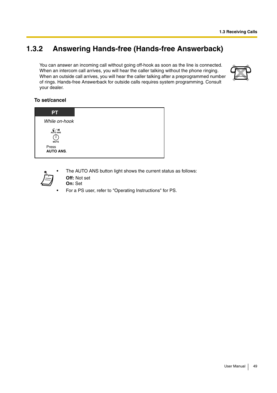 2 answering hands-free (hands-free answerback) | Panasonic KX-TDA30 User Manual | Page 49 / 214