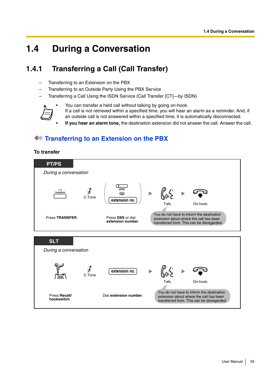 4 during a conversation, 1 transferring a call (call transfer), Transferring to an extension on the pbx | Pt/ps | Panasonic KX-TDA30 User Manual | Page 55 / 214