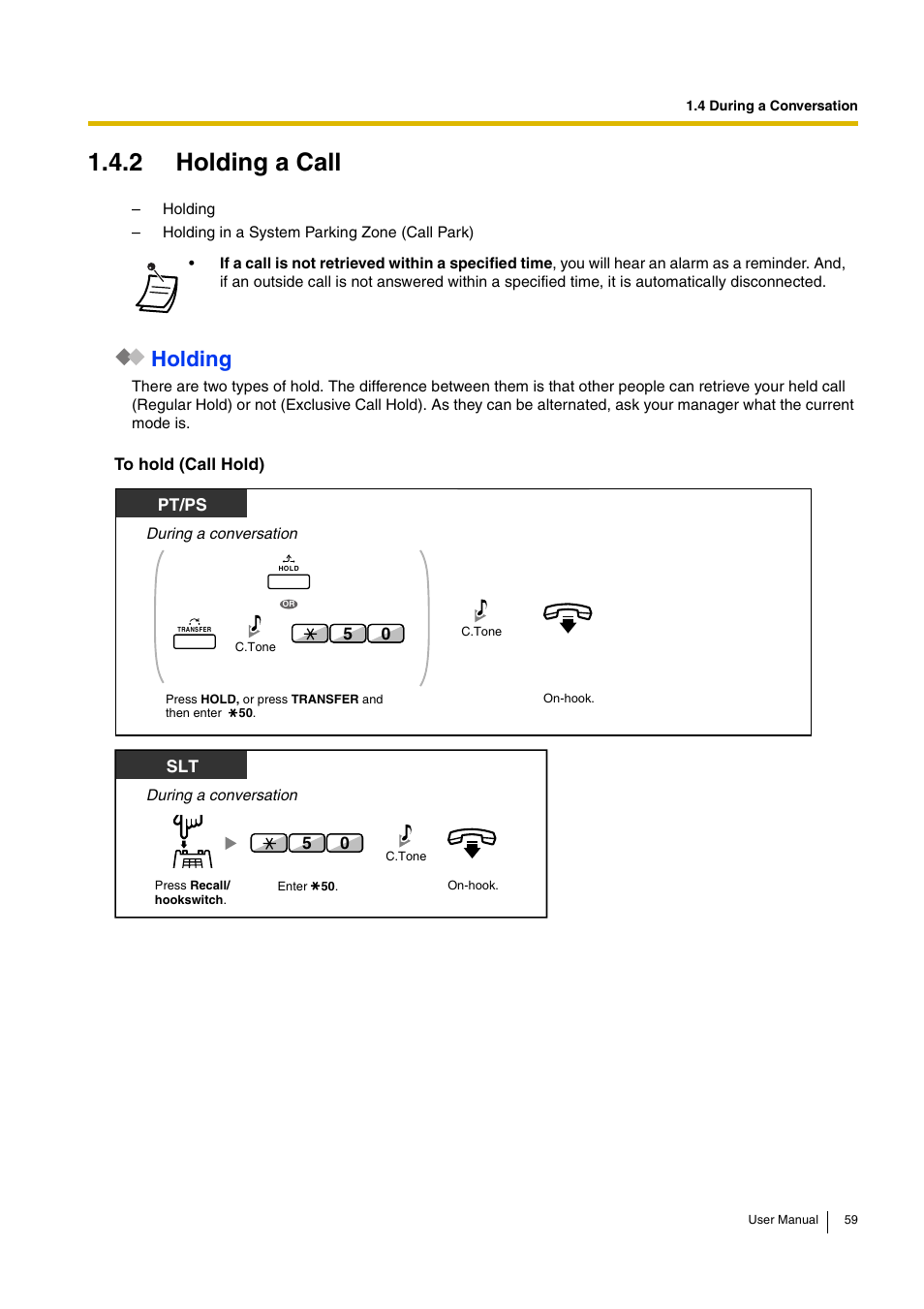 2 holding a call, Holding, Pt/ps | Panasonic KX-TDA30 User Manual | Page 59 / 214