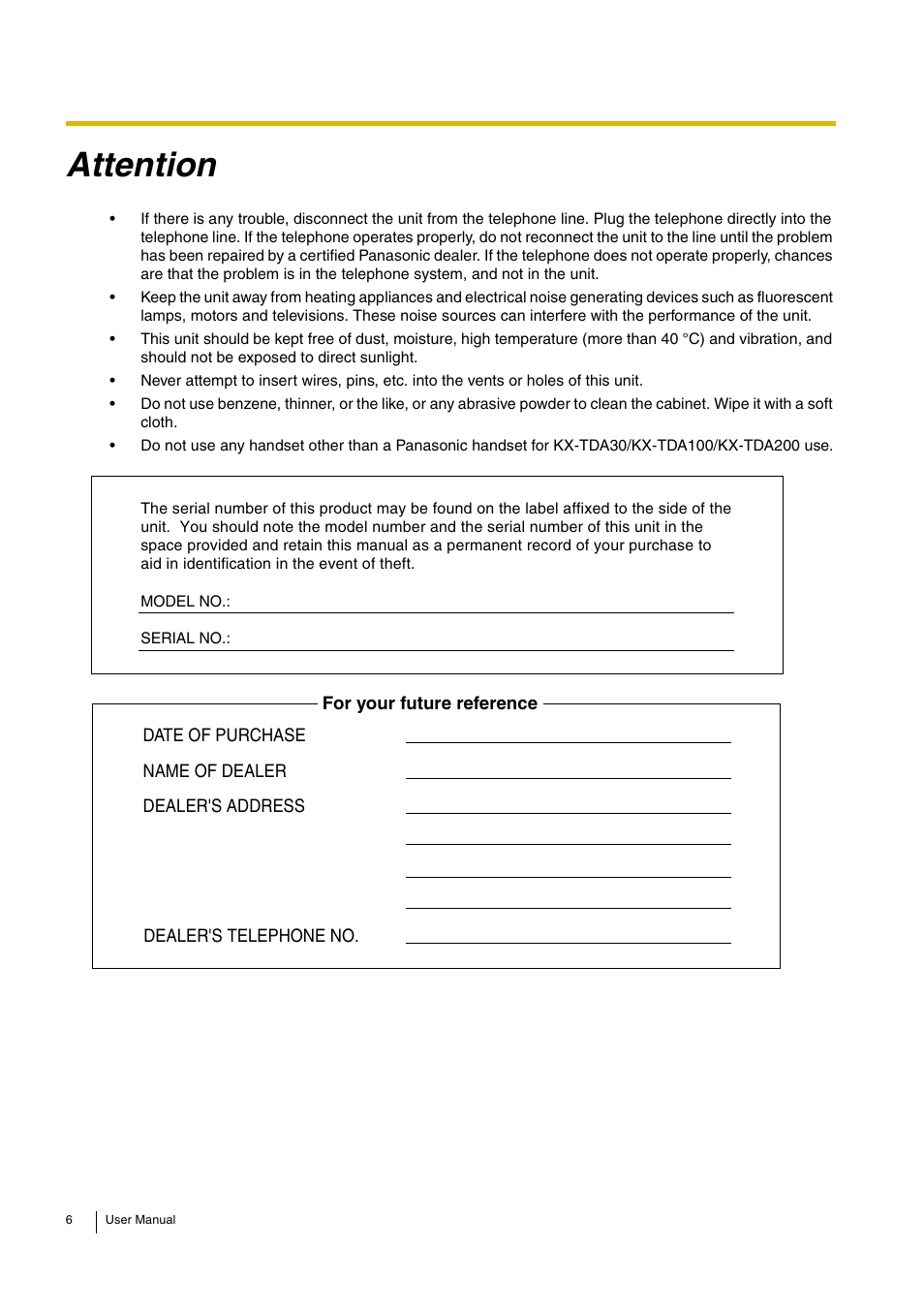 Attention | Panasonic KX-TDA30 User Manual | Page 6 / 214