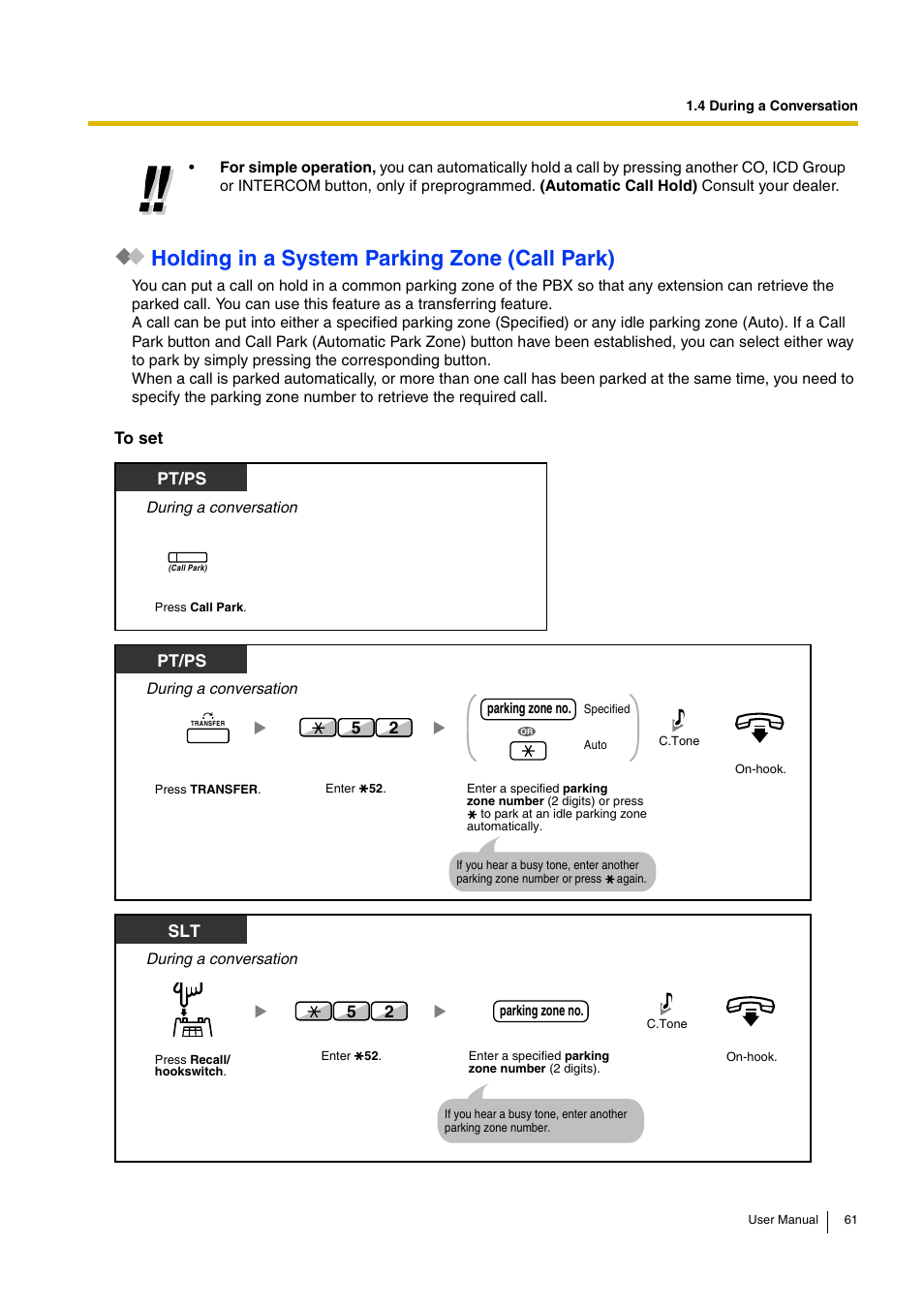 Holding in a system parking zone (call park), Pt/ps | Panasonic KX-TDA30 User Manual | Page 61 / 214