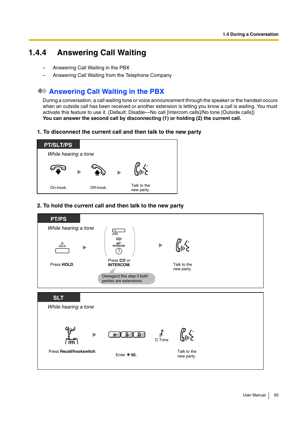4 answering call waiting, Answering call waiting in the pbx, Pt/slt/ps | Pt/ps | Panasonic KX-TDA30 User Manual | Page 65 / 214