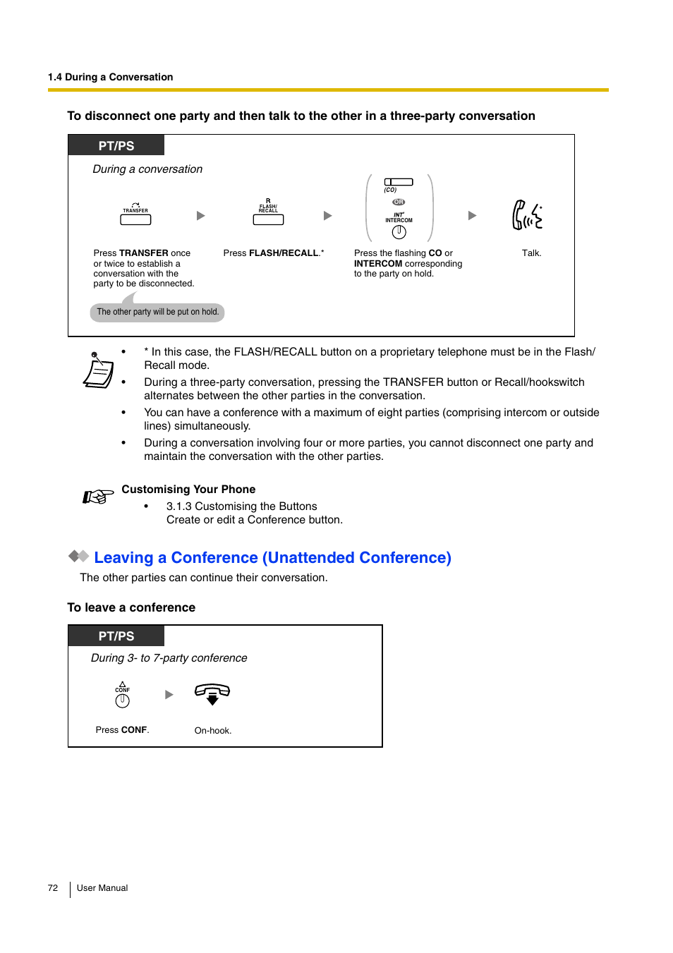 Leaving a conference (unattended conference), Pt/ps | Panasonic KX-TDA30 User Manual | Page 72 / 214