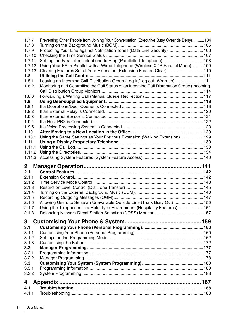 2 manager operation 141, 3 customising your phone & system 159, 4 appendix 187 | 2manager operation, 3customising your phone & system, 4appendix | Panasonic KX-TDA30 User Manual | Page 8 / 214