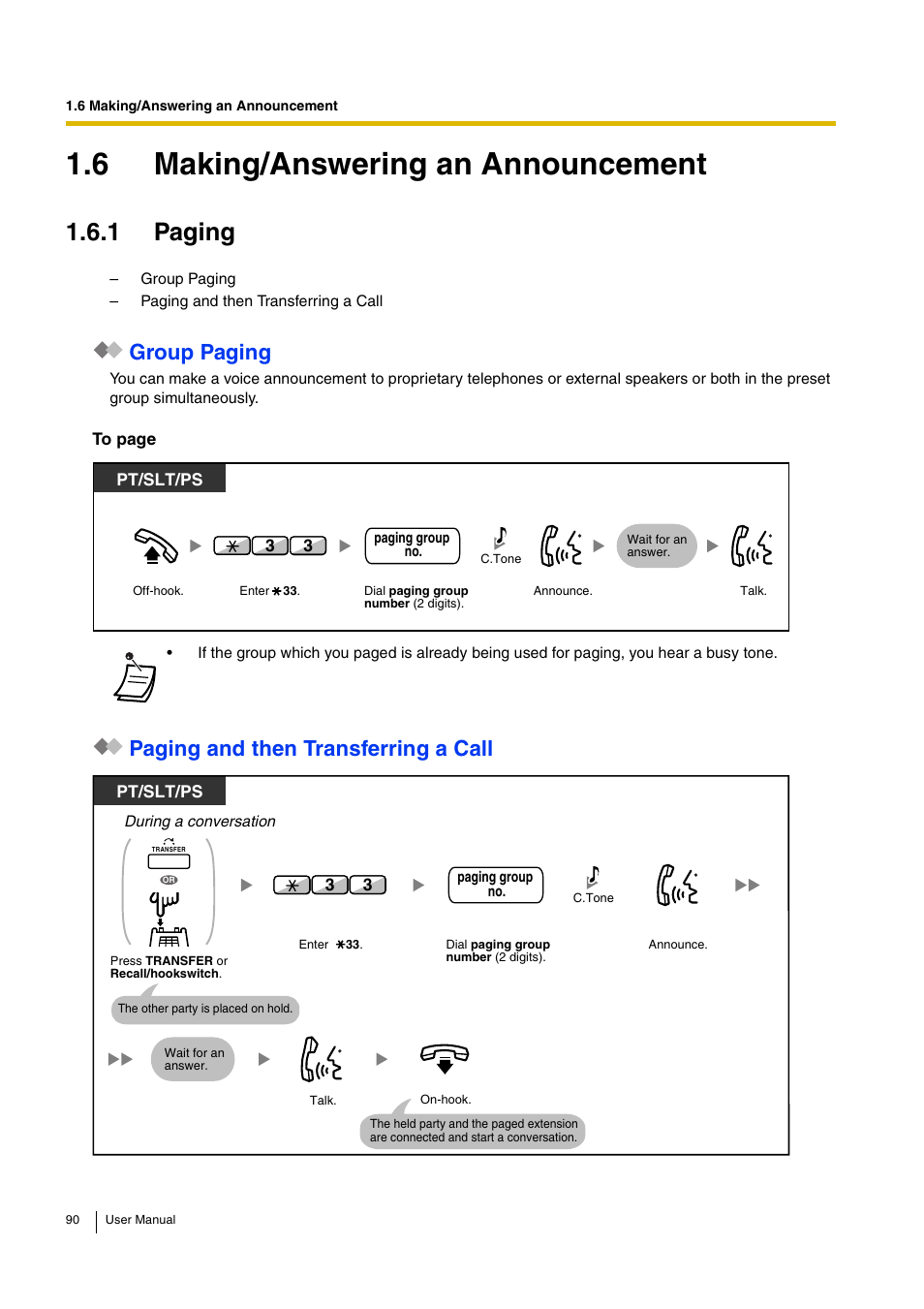 6 making/answering an announcement, 1 paging, Group paging | Paging and then transferring a call | Panasonic KX-TDA30 User Manual | Page 90 / 214