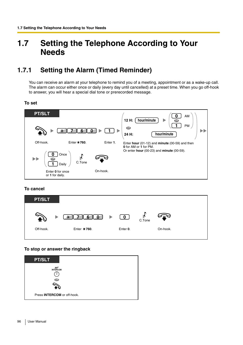 7 setting the telephone according to your needs, 1 setting the alarm (timed reminder), Pt/slt | Pt/slt 0 | Panasonic KX-TDA30 User Manual | Page 96 / 214