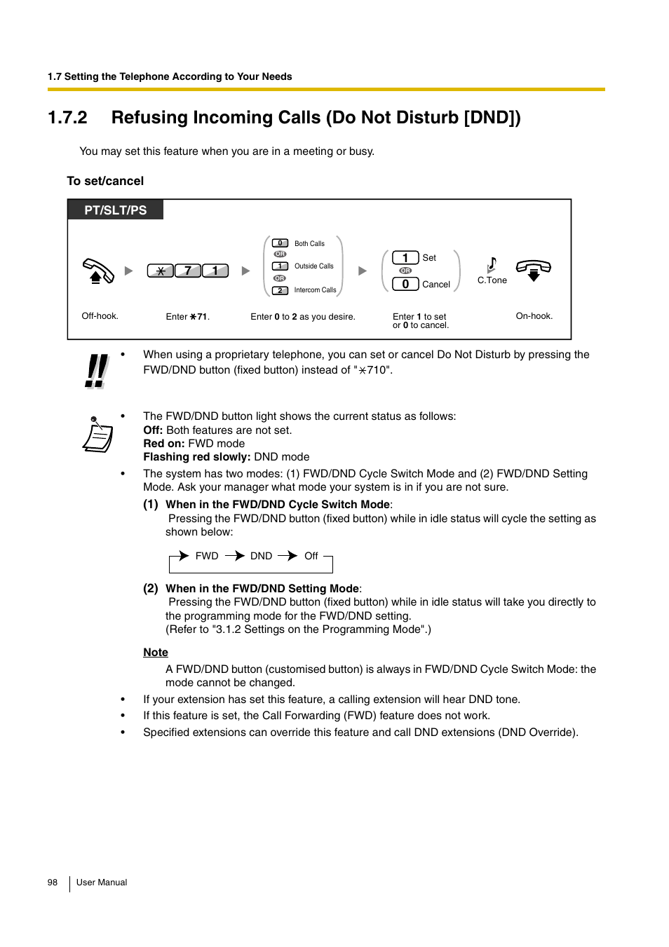 2 refusing incoming calls (do not disturb [dnd]), Pt/slt/ps | Panasonic KX-TDA30 User Manual | Page 98 / 214