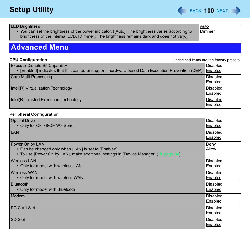 Setup utility, Advanced menu | Panasonic CF-W8 User Manual | Page 100 / 140