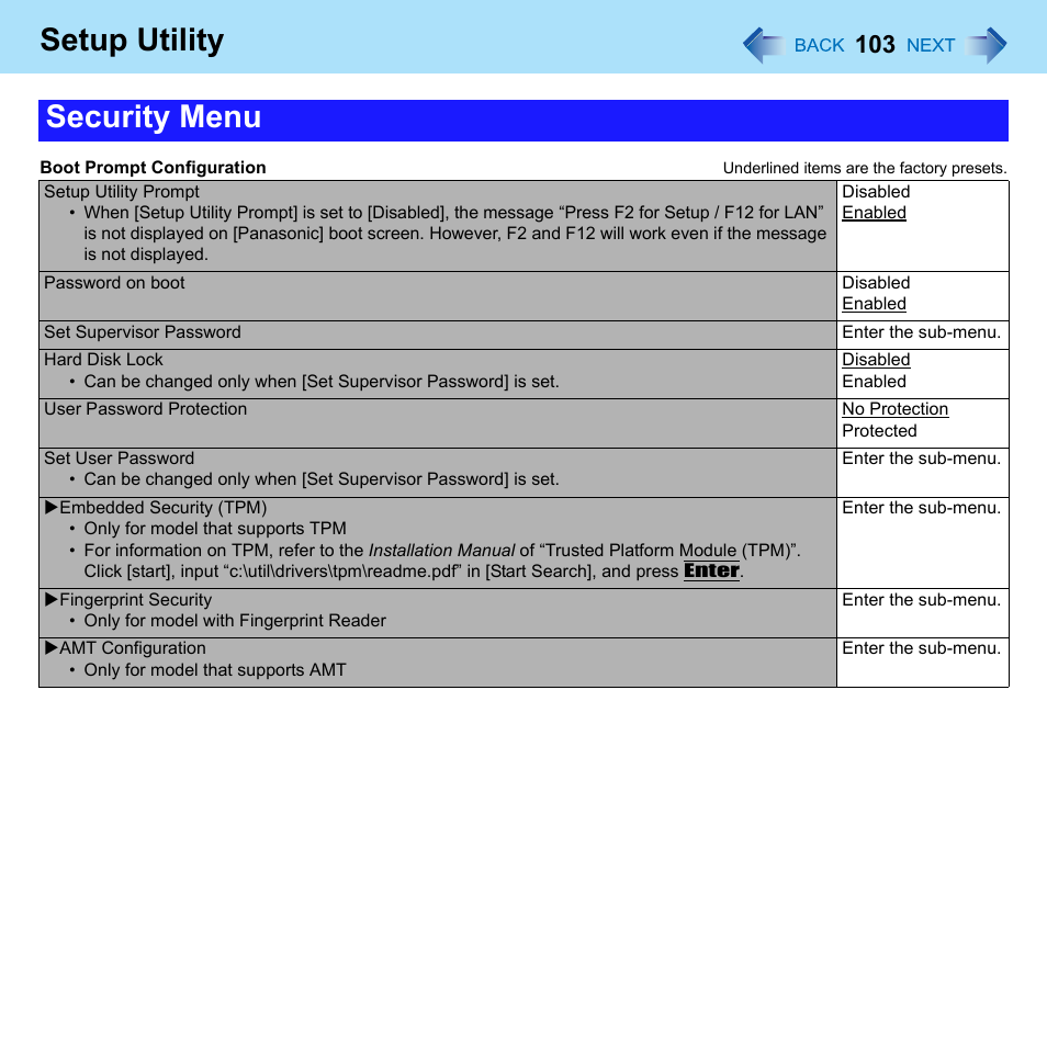 Nu of the setup utility, Setup utility, Security menu | Panasonic CF-W8 User Manual | Page 103 / 140