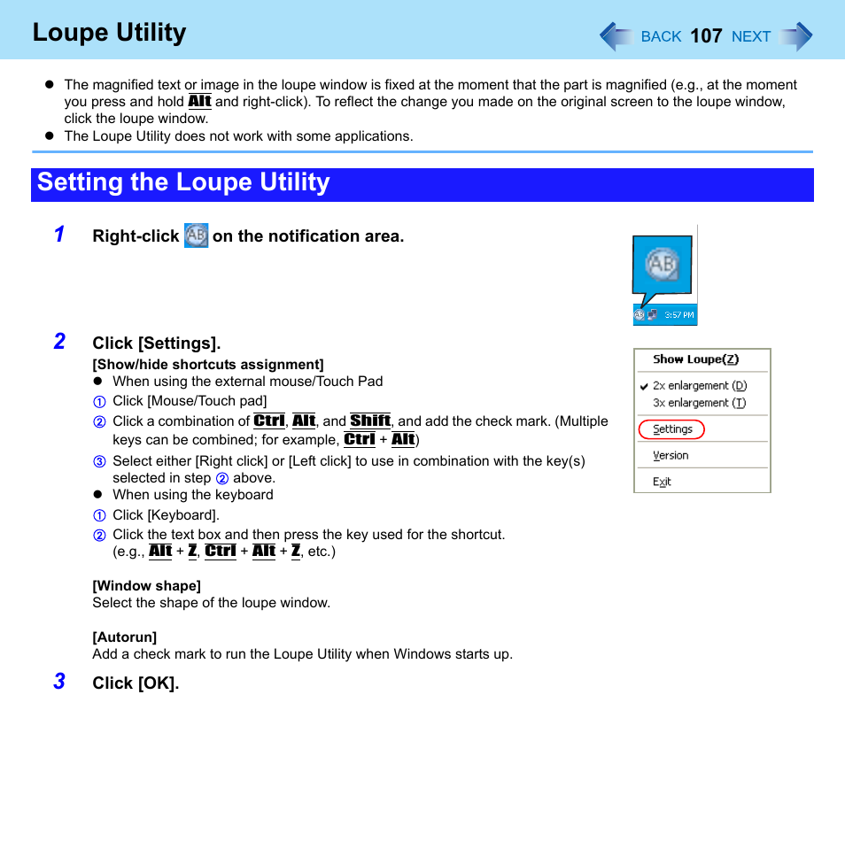 Loupe utility, Setting the loupe utility | Panasonic CF-W8 User Manual | Page 107 / 140