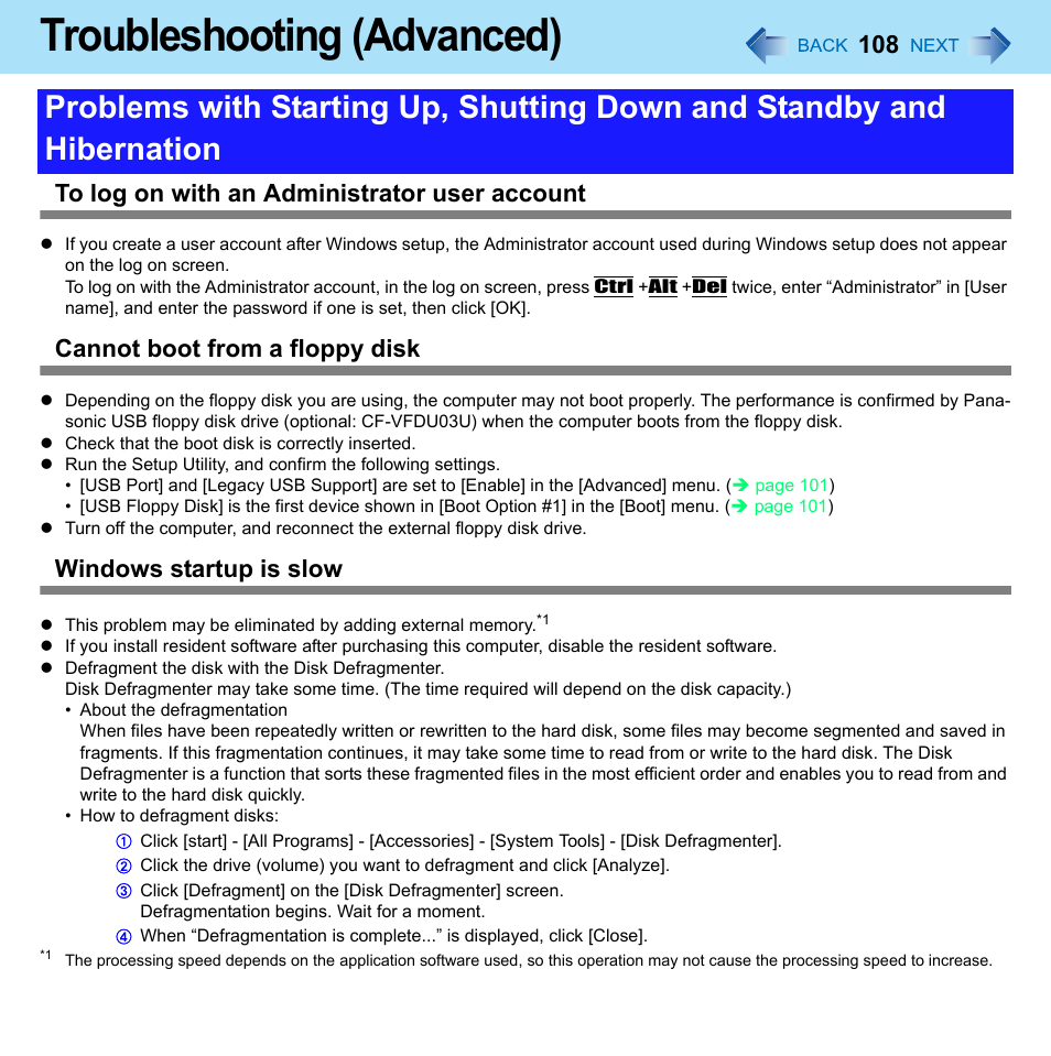 Troubleshooting (advanced), Cannot boot from a floppy disk, Windows startup is slow | Panasonic CF-W8 User Manual | Page 108 / 140