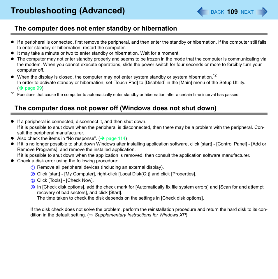 Troubleshooting (advanced), The computer does not enter standby or hibernation | Panasonic CF-W8 User Manual | Page 109 / 140