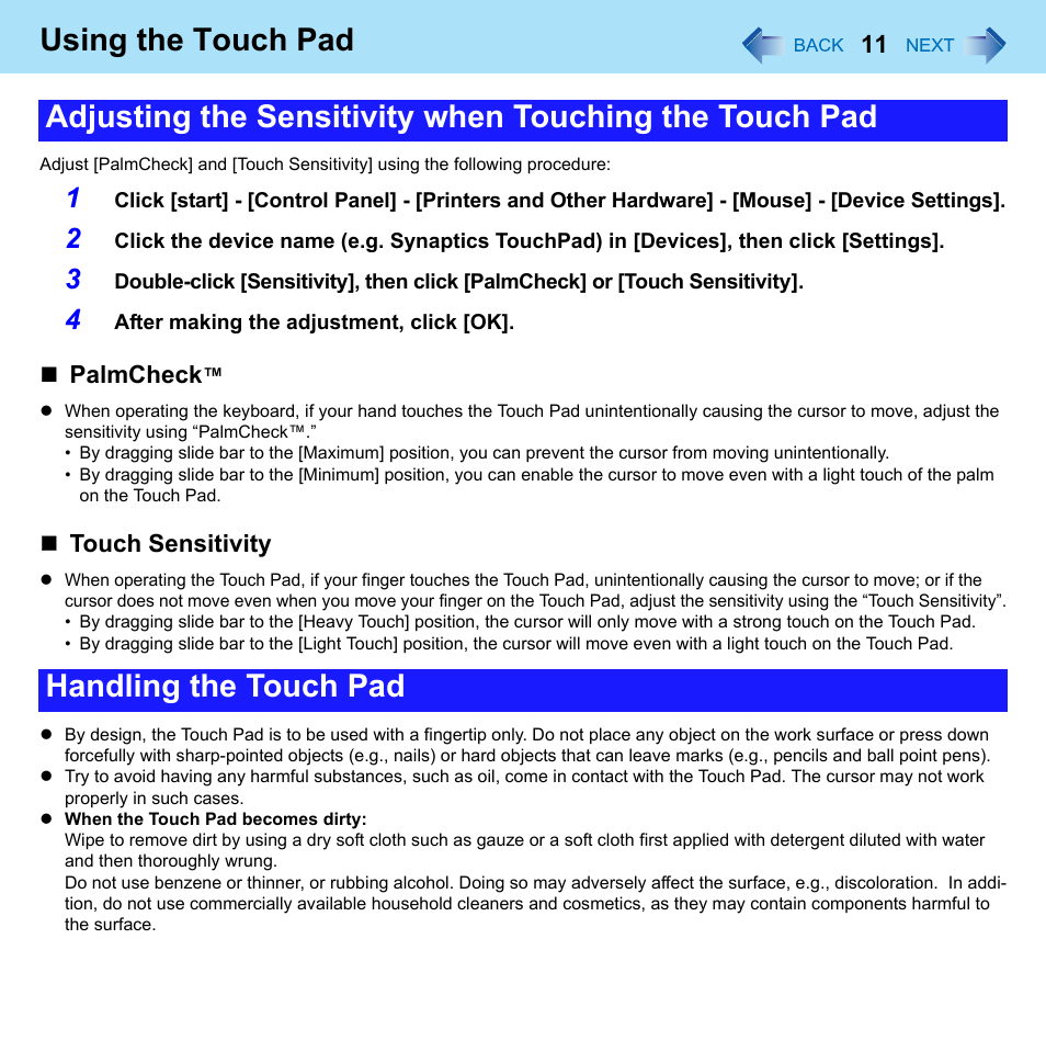 Using the touch pad | Panasonic CF-W8 User Manual | Page 11 / 140