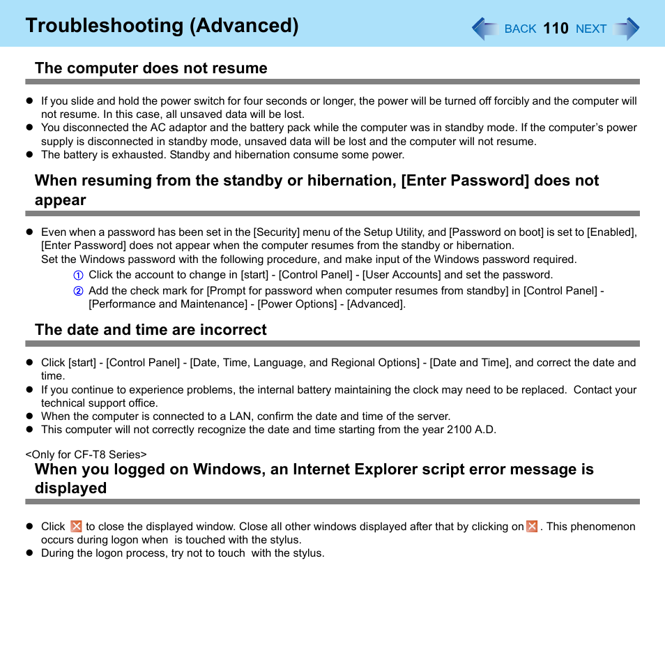 Troubleshooting (advanced), The computer does not resume, The date and time are incorrect | Panasonic CF-W8 User Manual | Page 110 / 140