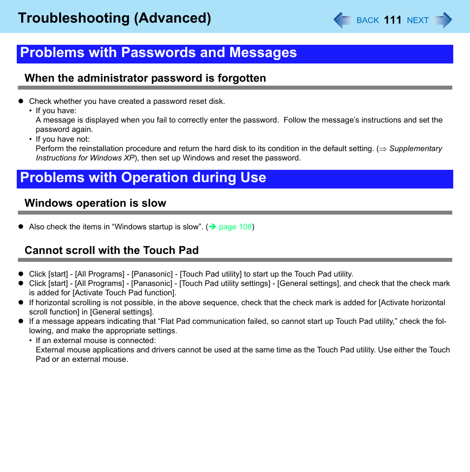 Problems with passwords and messages, Problems with operation during use, Troubleshooting (advanced) | When the administrator password is forgotten, Windows operation is slow, Cannot scroll with the touch pad | Panasonic CF-W8 User Manual | Page 111 / 140