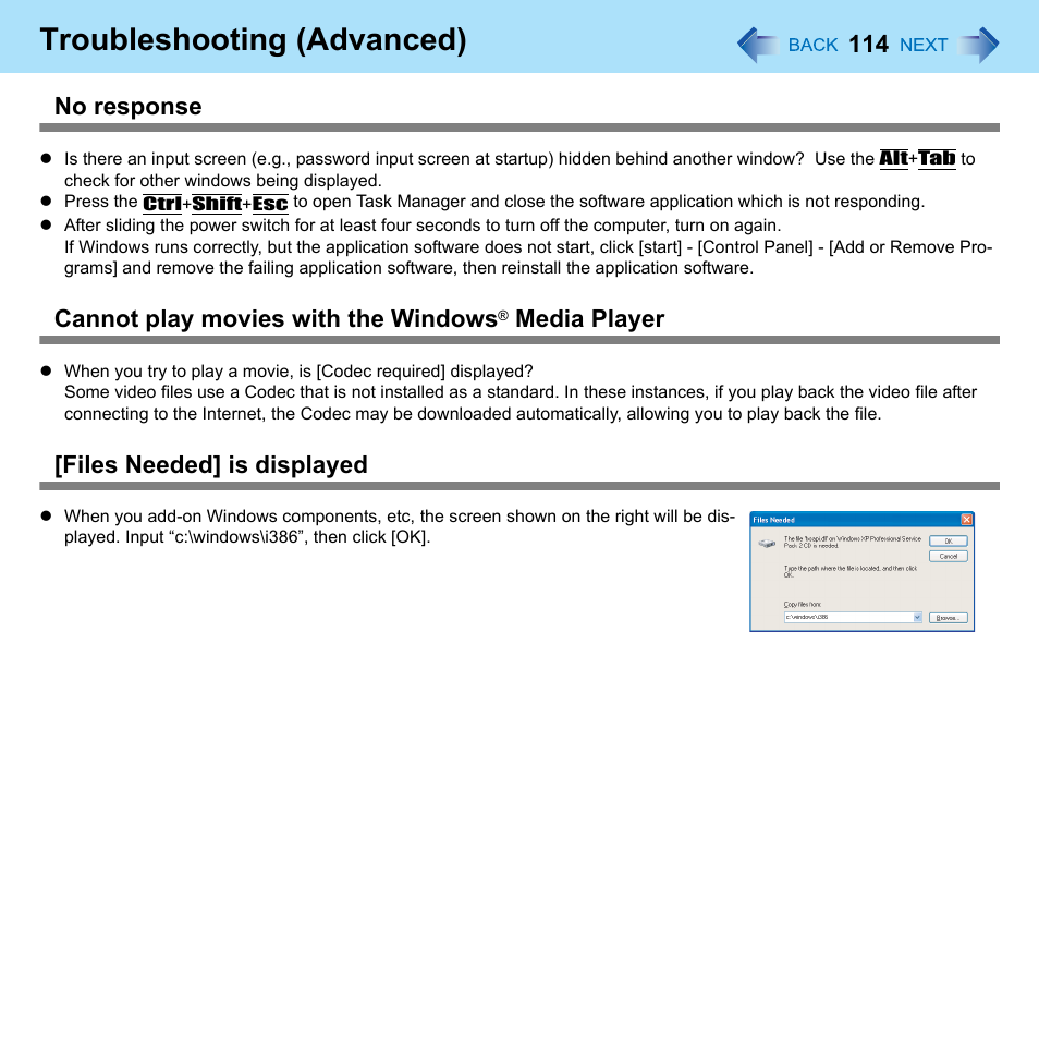 Troubleshooting (advanced), No response, Cannot play movies with the windows | Media player, Files needed] is displayed | Panasonic CF-W8 User Manual | Page 114 / 140