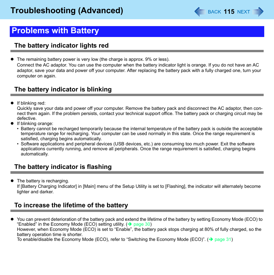 Problems with battery, Troubleshooting (advanced), The battery indicator lights red | The battery indicator is blinking, The battery indicator is flashing | Panasonic CF-W8 User Manual | Page 115 / 140