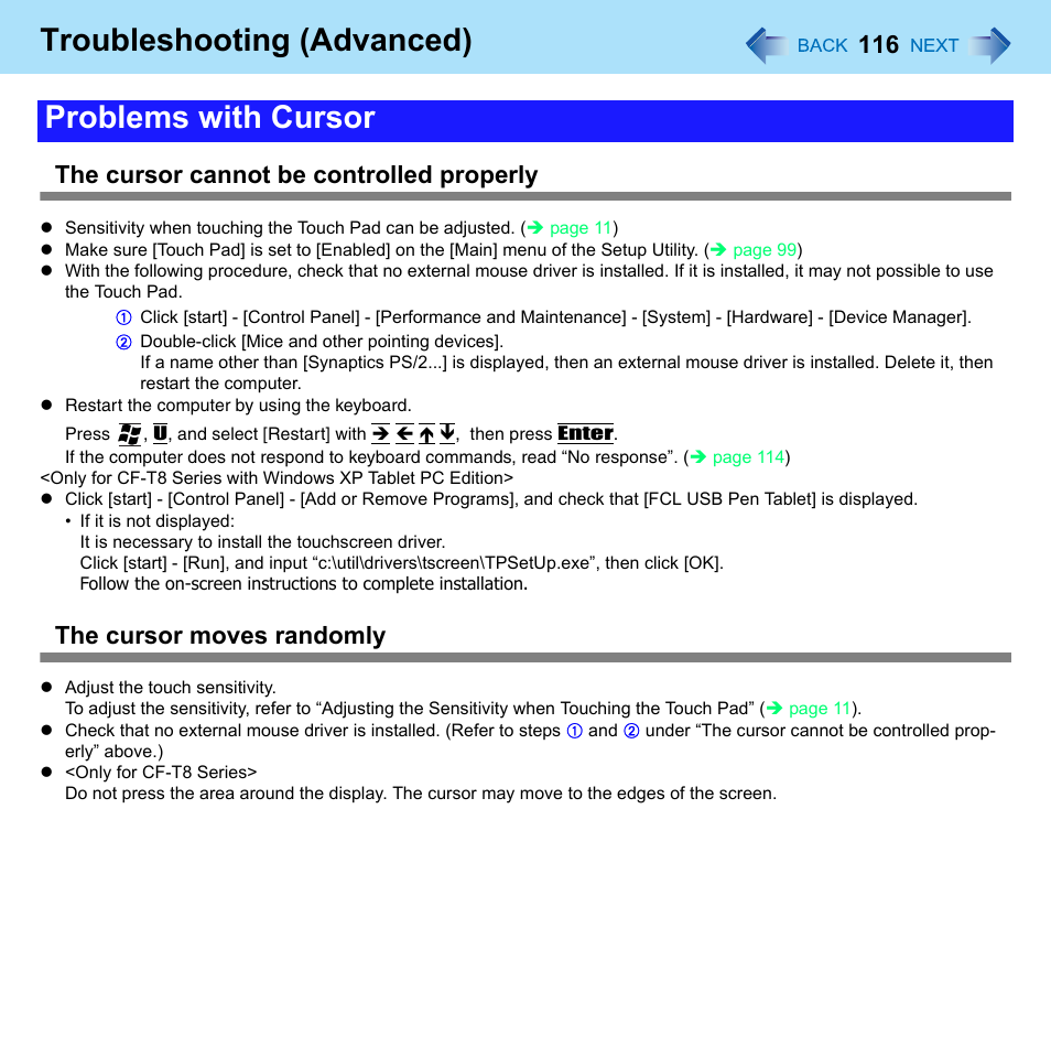 Problems with cursor, Troubleshooting (advanced), The cursor cannot be controlled properly | The cursor moves randomly | Panasonic CF-W8 User Manual | Page 116 / 140