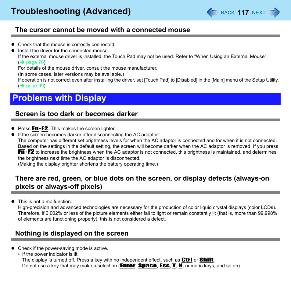 Problems with display, Troubleshooting (advanced), The cursor cannot be moved with a connected mouse | Screen is too dark or becomes darker, Nothing is displayed on the screen | Panasonic CF-W8 User Manual | Page 117 / 140