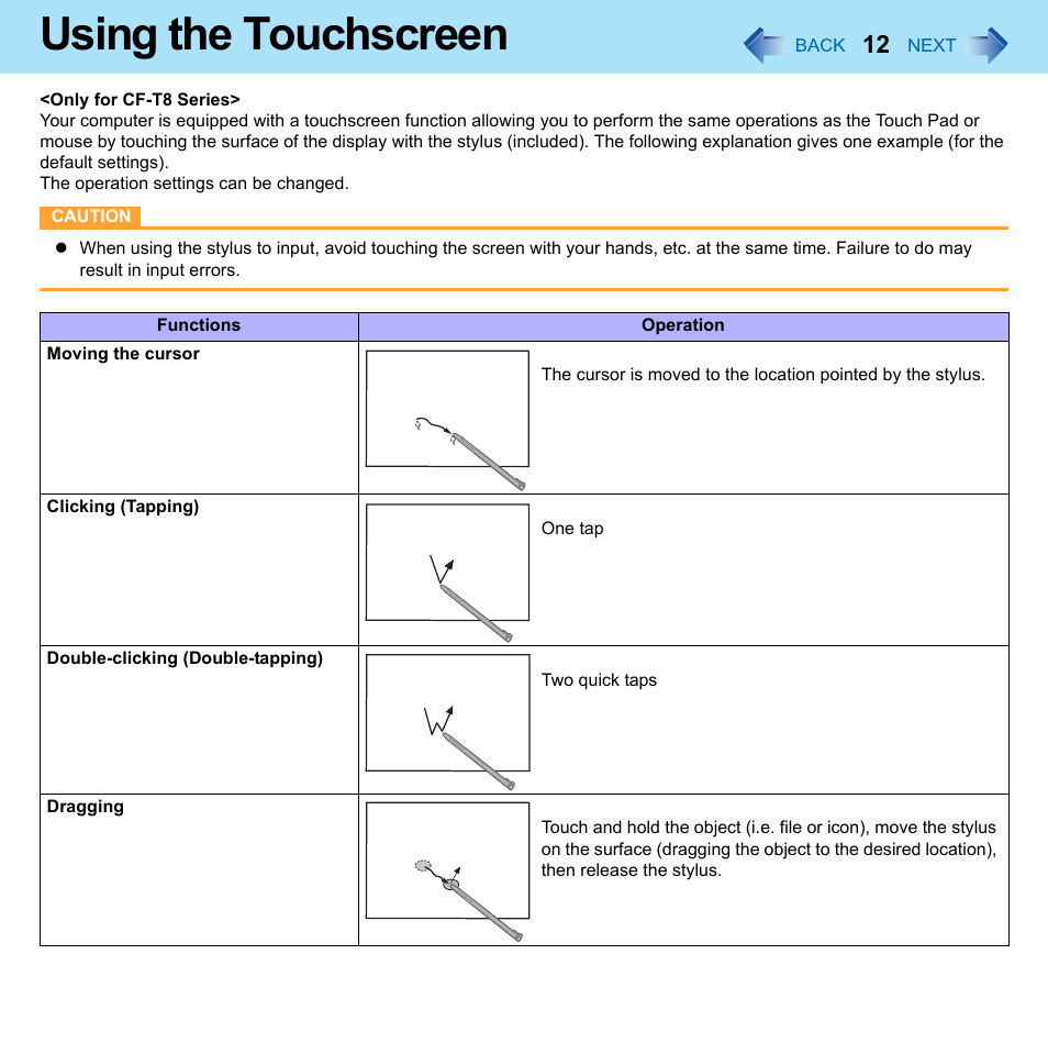 Using the touchscreen | Panasonic CF-W8 User Manual | Page 12 / 140