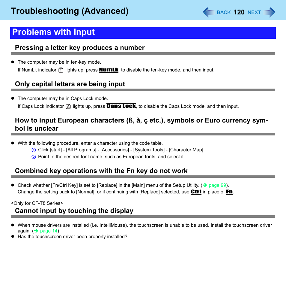 Problems with input, Troubleshooting (advanced), Pressing a letter key produces a number | Only capital letters are being input, Cannot input by touching the display | Panasonic CF-W8 User Manual | Page 120 / 140