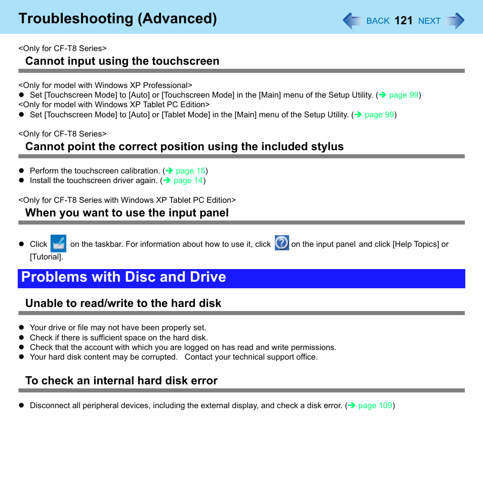 Problems with disc and drive, Troubleshooting (advanced), Cannot input using the touchscreen | When you want to use the input panel, Unable to read/write to the hard disk | Panasonic CF-W8 User Manual | Page 121 / 140