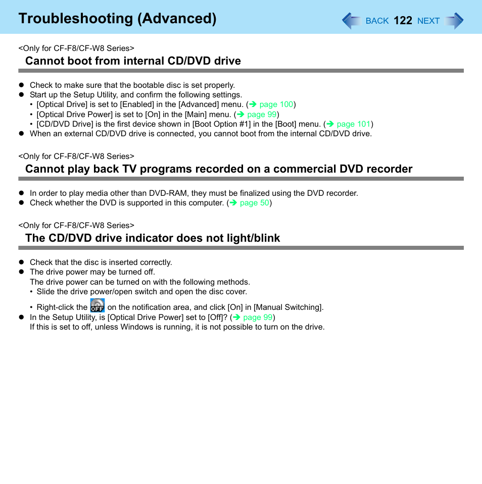 Troubleshooting (advanced), Cannot boot from internal cd/dvd drive, The cd/dvd drive indicator does not light/blink | Panasonic CF-W8 User Manual | Page 122 / 140