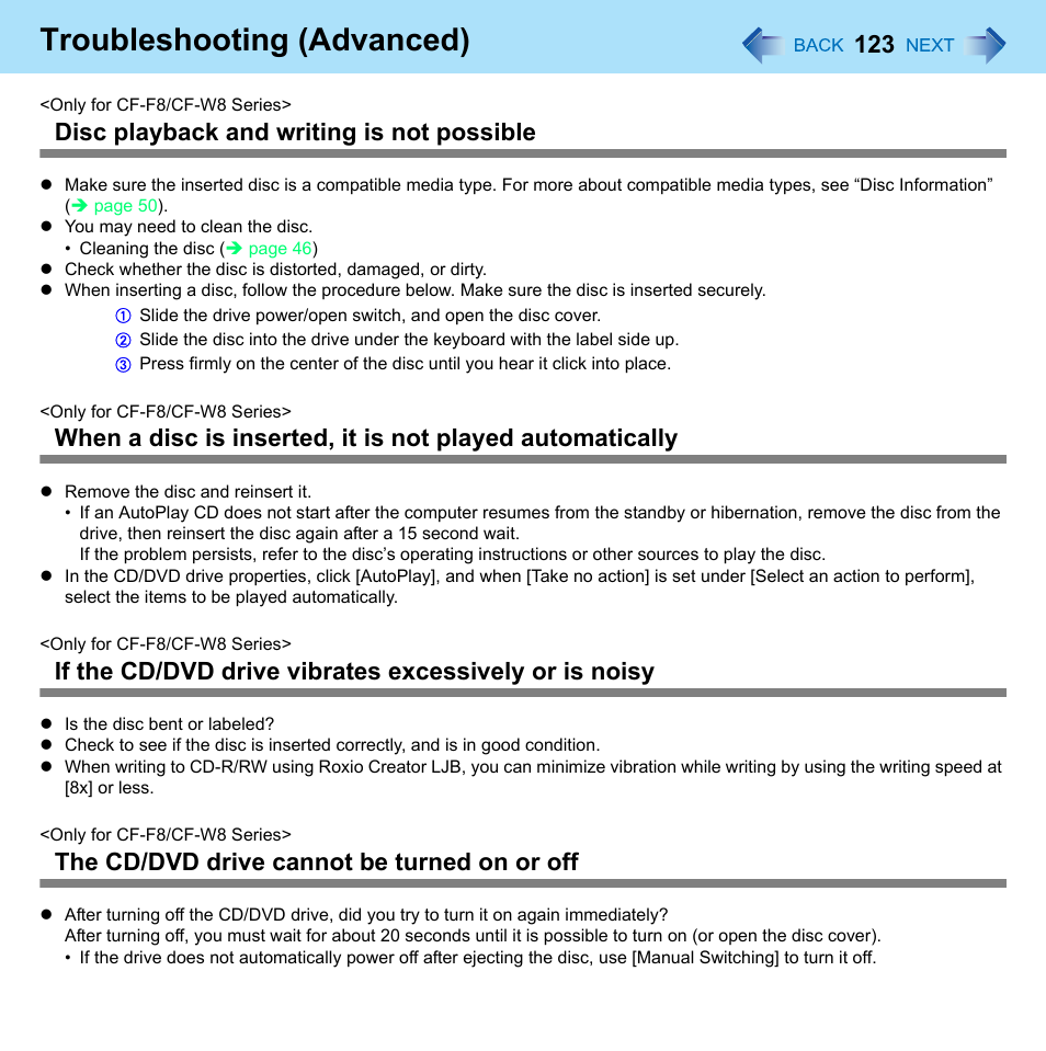 Troubleshooting (advanced), Disc playback and writing is not possible, The cd/dvd drive cannot be turned on or off | Panasonic CF-W8 User Manual | Page 123 / 140