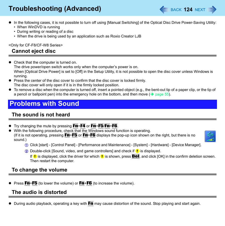 Problems with sound, Troubleshooting (advanced), Cannot eject disc | The sound is not heard, The audio is distorted | Panasonic CF-W8 User Manual | Page 124 / 140