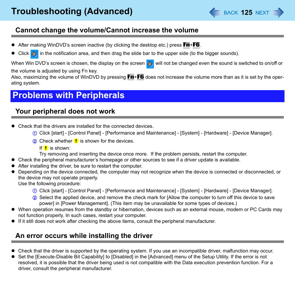 Problems with peripherals, Troubleshooting (advanced), Your peripheral does not work | An error occurs while installing the driver | Panasonic CF-W8 User Manual | Page 125 / 140