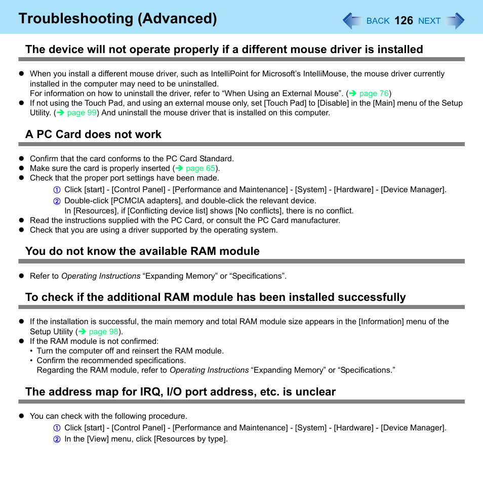 Troubleshooting (advanced), A pc card does not work, You do not know the available ram module | Panasonic CF-W8 User Manual | Page 126 / 140