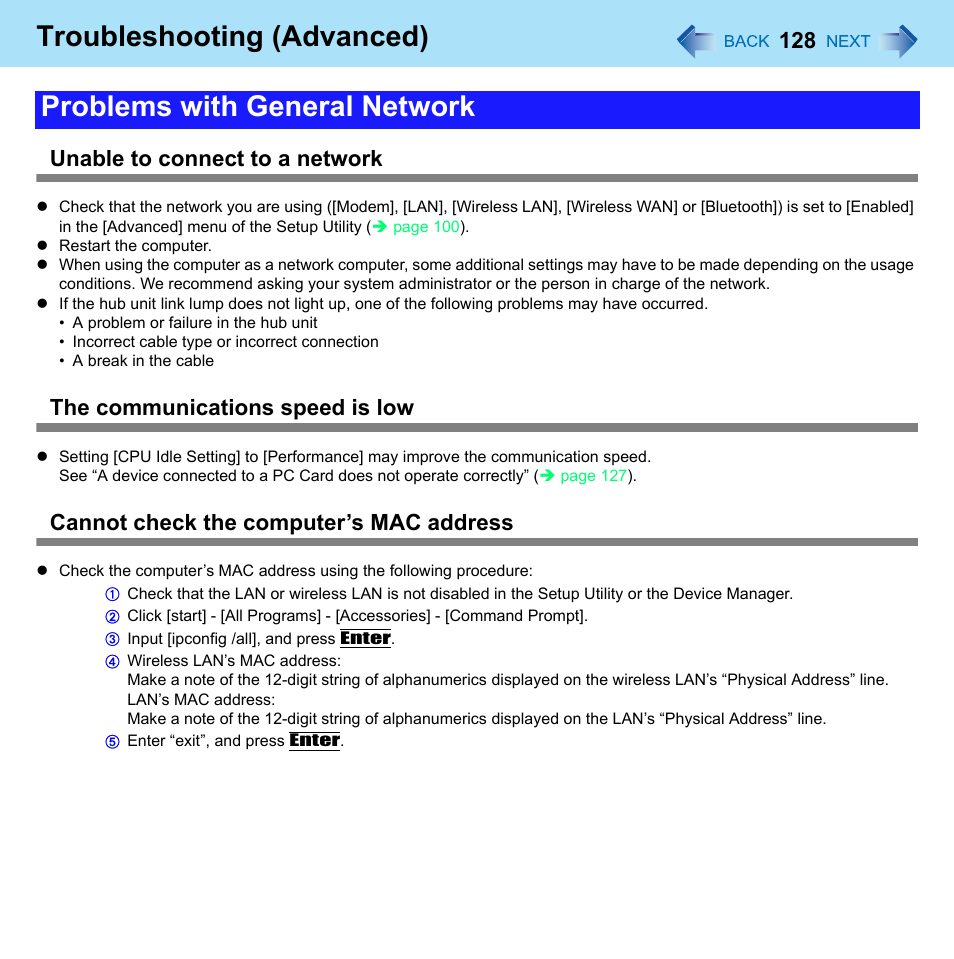 Problems with general network, Troubleshooting (advanced), Unable to connect to a network | The communications speed is low, Cannot check the computer’s mac address | Panasonic CF-W8 User Manual | Page 128 / 140