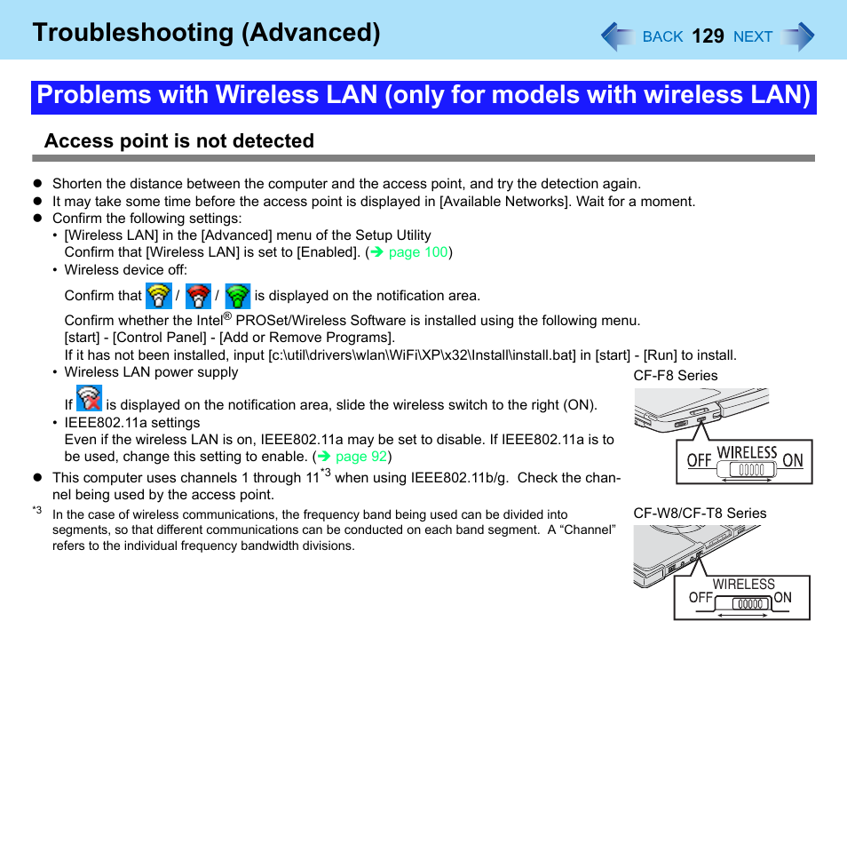 Troubleshooting (advanced), Access point is not detected | Panasonic CF-W8 User Manual | Page 129 / 140