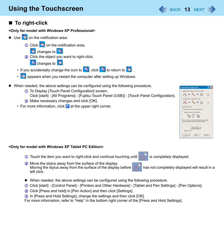 Using the touchscreen | Panasonic CF-W8 User Manual | Page 13 / 140