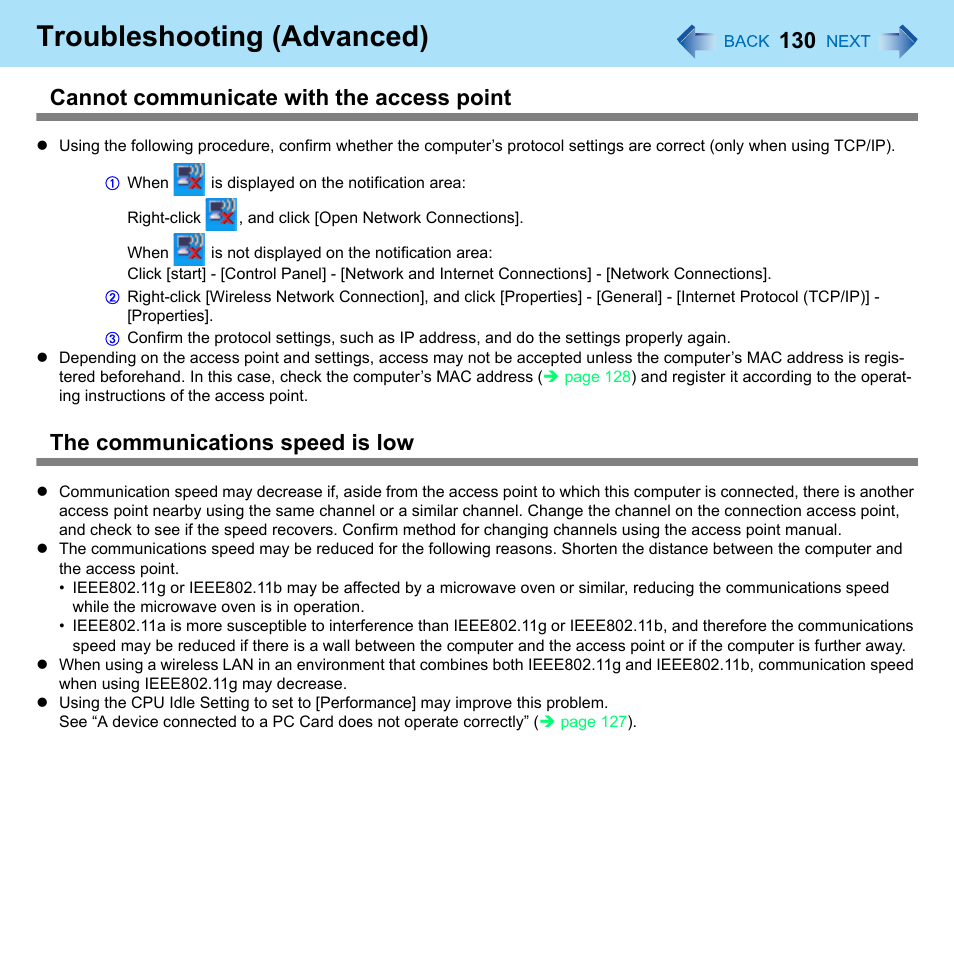 Troubleshooting (advanced), Cannot communicate with the access point, The communications speed is low | Panasonic CF-W8 User Manual | Page 130 / 140