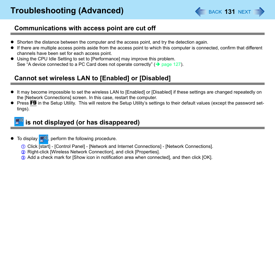 Troubleshooting (advanced), Communications with access point are cut off, Cannot set wireless lan to [enabled] or [disabled | Is not displayed (or has disappeared) | Panasonic CF-W8 User Manual | Page 131 / 140