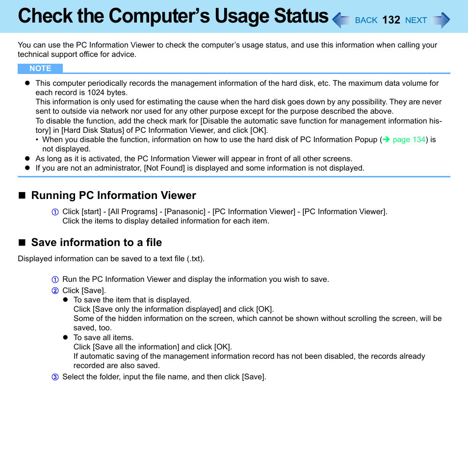 Check the computer’s usage status, Check the computer’ s usage status, Running pc information viewer | Save information to a file | Panasonic CF-W8 User Manual | Page 132 / 140