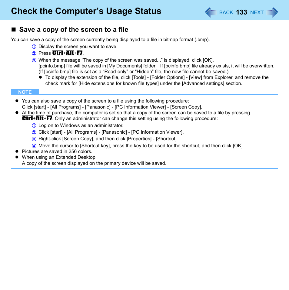 Check the computer’s usage status, Save a copy of the screen to a file | Panasonic CF-W8 User Manual | Page 133 / 140