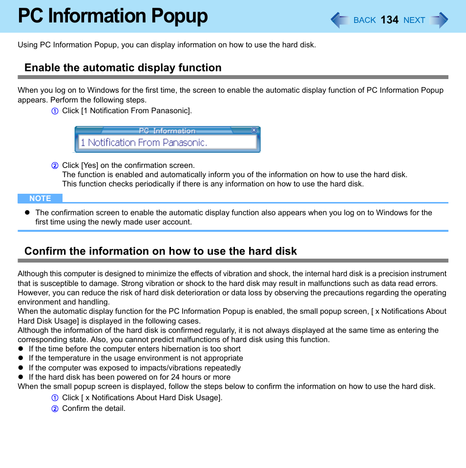 Pc information popup, Enable the automatic display function | Panasonic CF-W8 User Manual | Page 134 / 140