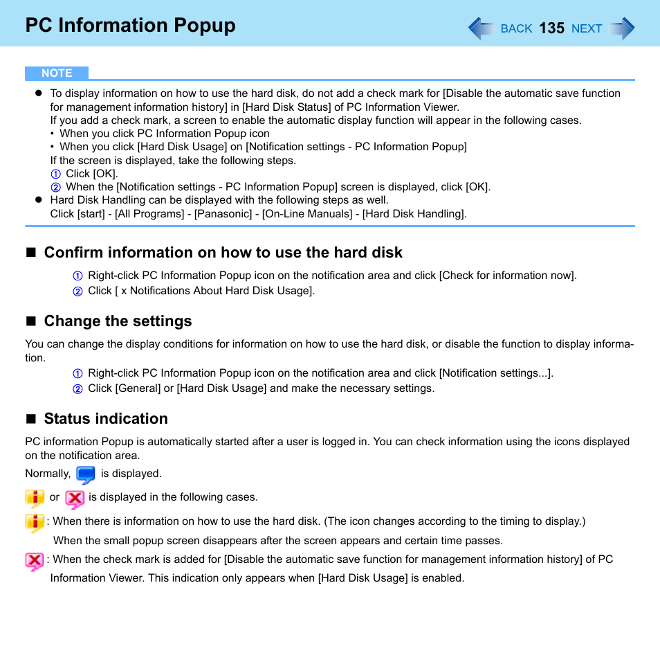 Pc information popup, Confirm information on how to use the hard disk, Change the settings | Status indication | Panasonic CF-W8 User Manual | Page 135 / 140