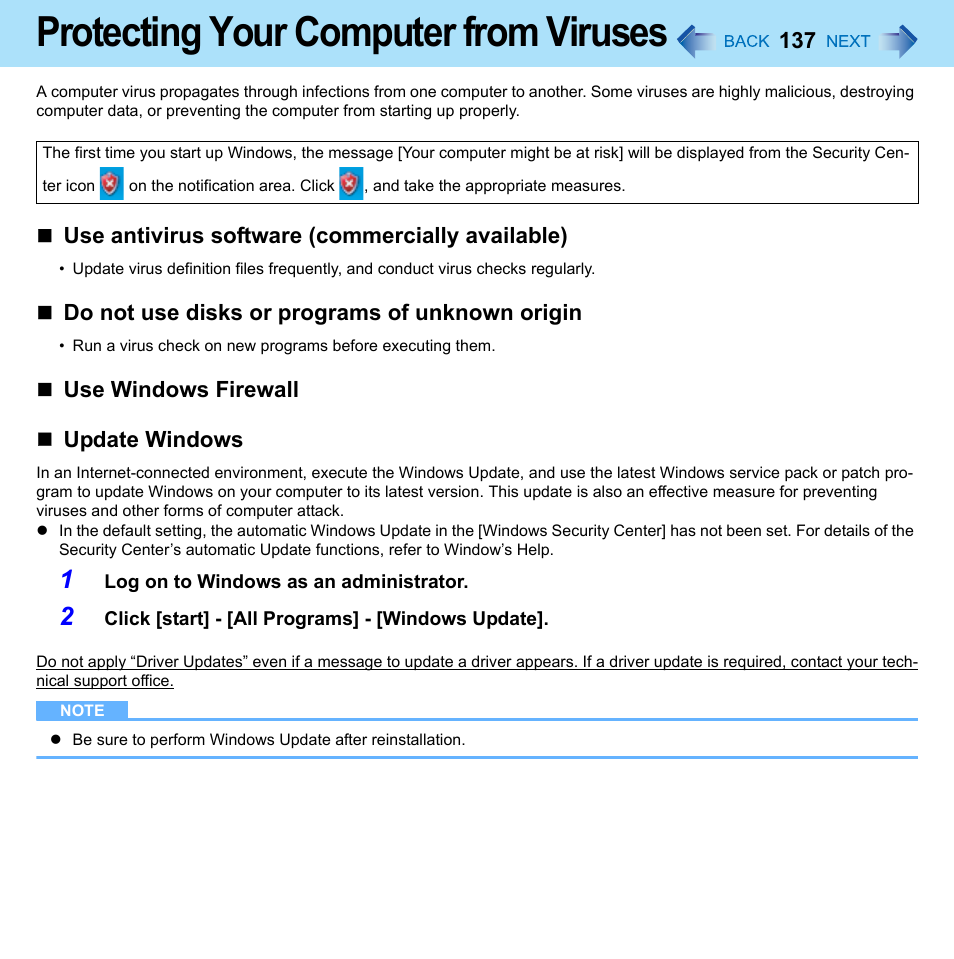 Protecting your computer from viruses | Panasonic CF-W8 User Manual | Page 137 / 140