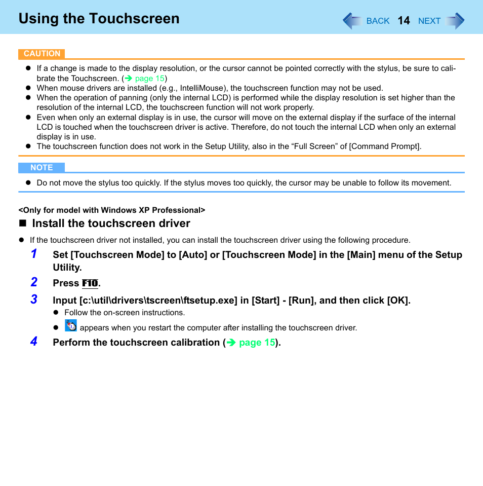 Using the touchscreen, Install the touchscreen driver | Panasonic CF-W8 User Manual | Page 14 / 140