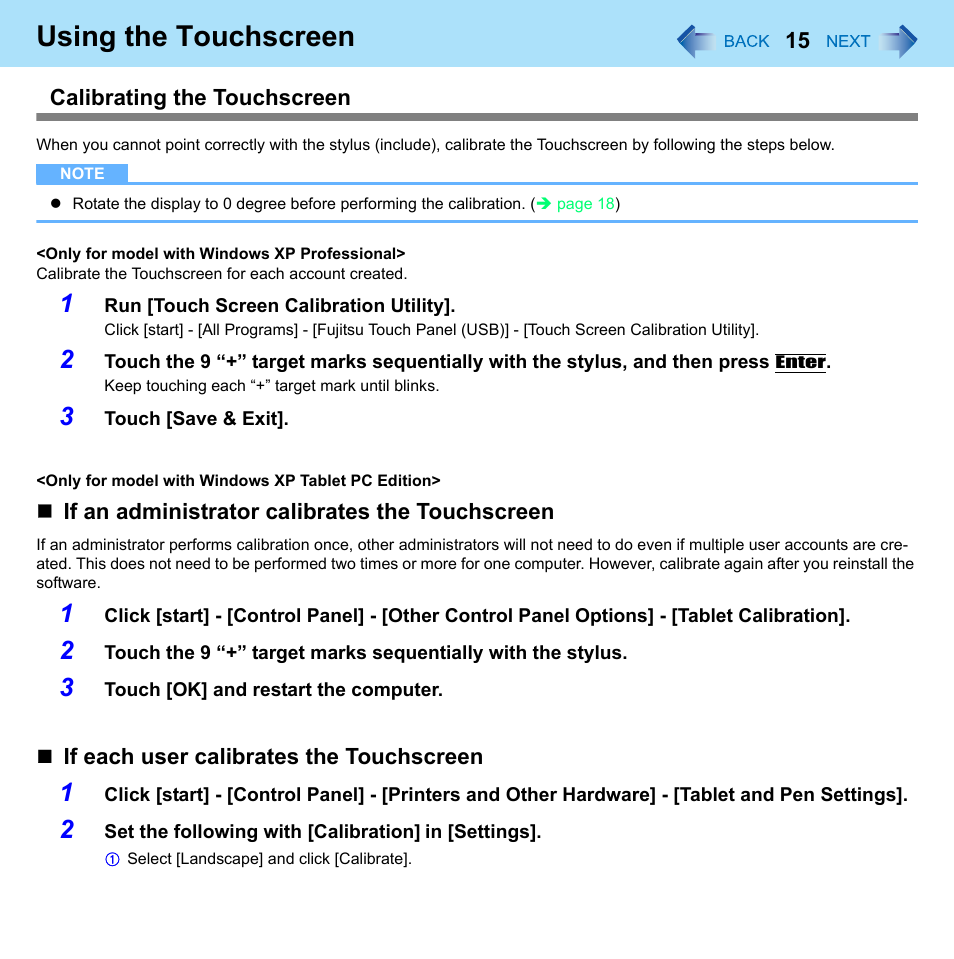 Ration, Using the touchscreen | Panasonic CF-W8 User Manual | Page 15 / 140